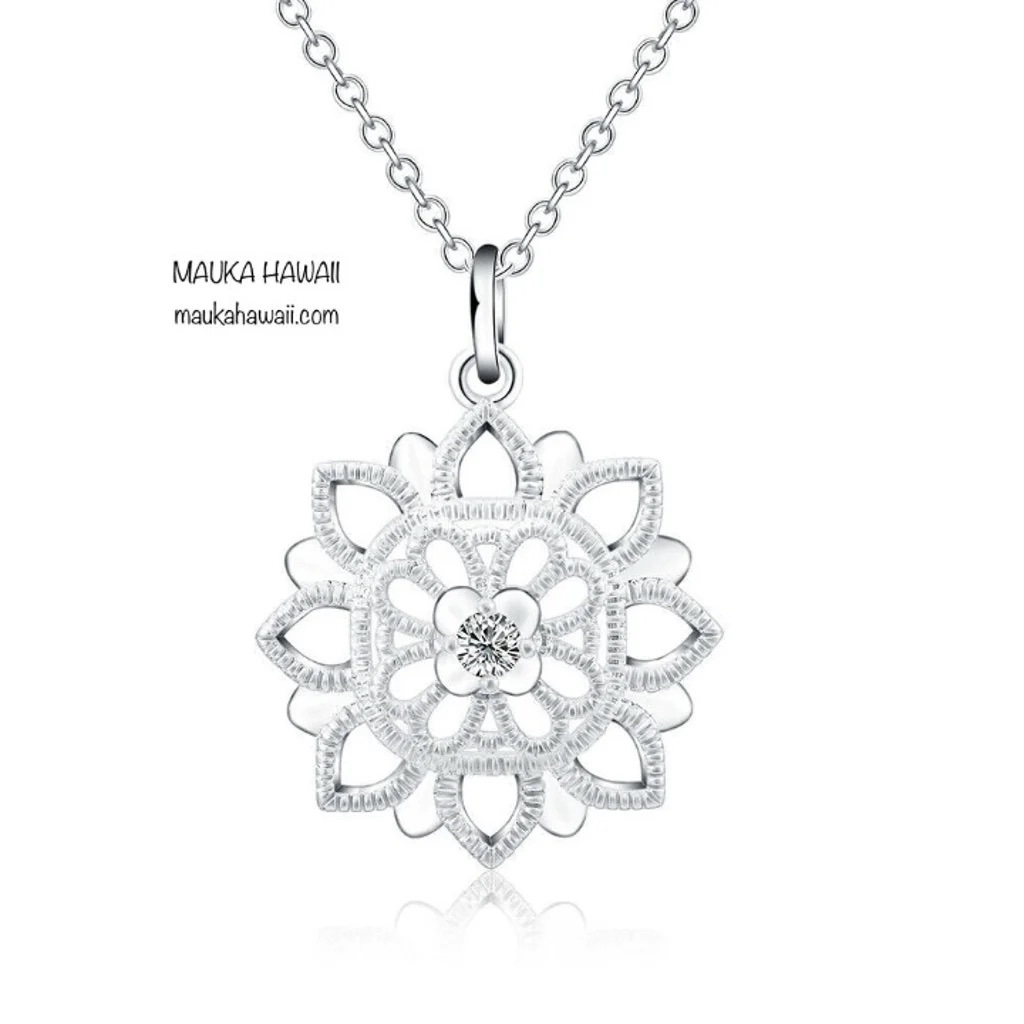 Lotus Flower Star Silver Plated Classic Cz Stone Pendant Necklace 18 Inch Chain